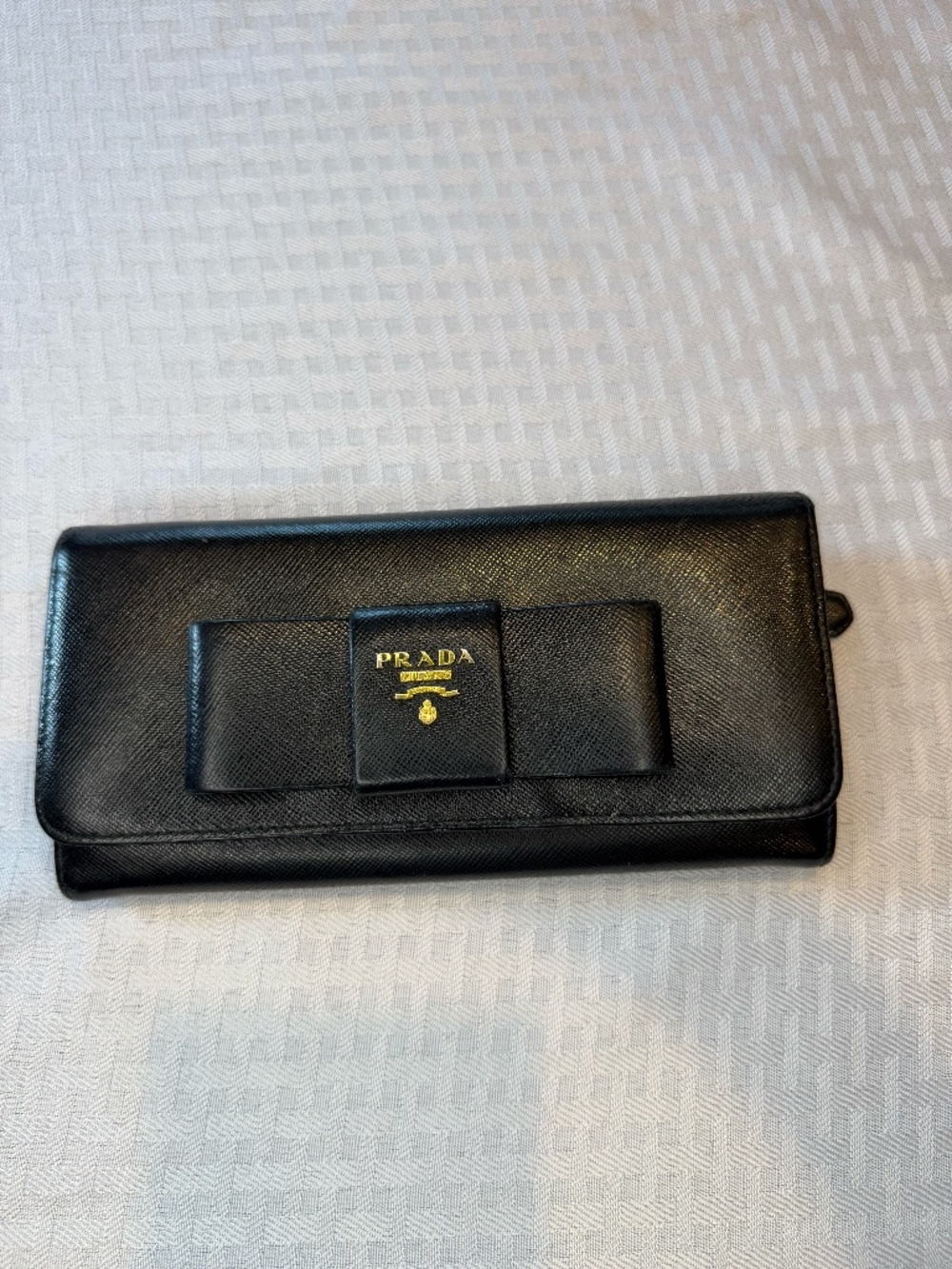 Prada Black Saffiano Leather Bow Continental Wallet Gold Hardware